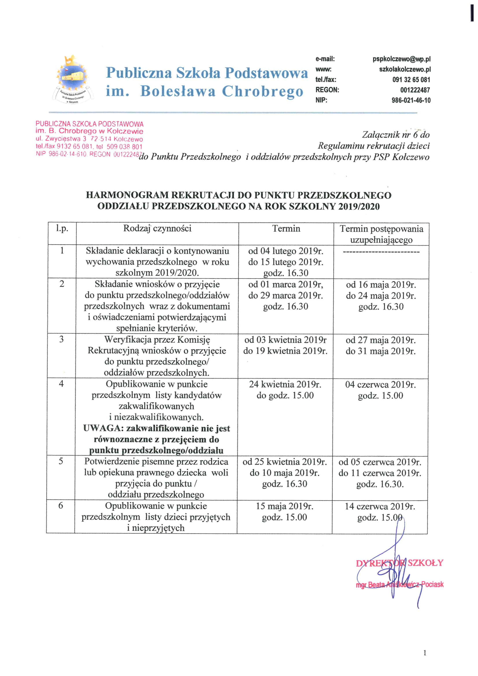 harmonogram rekrutacji do pp 2019 2020 1